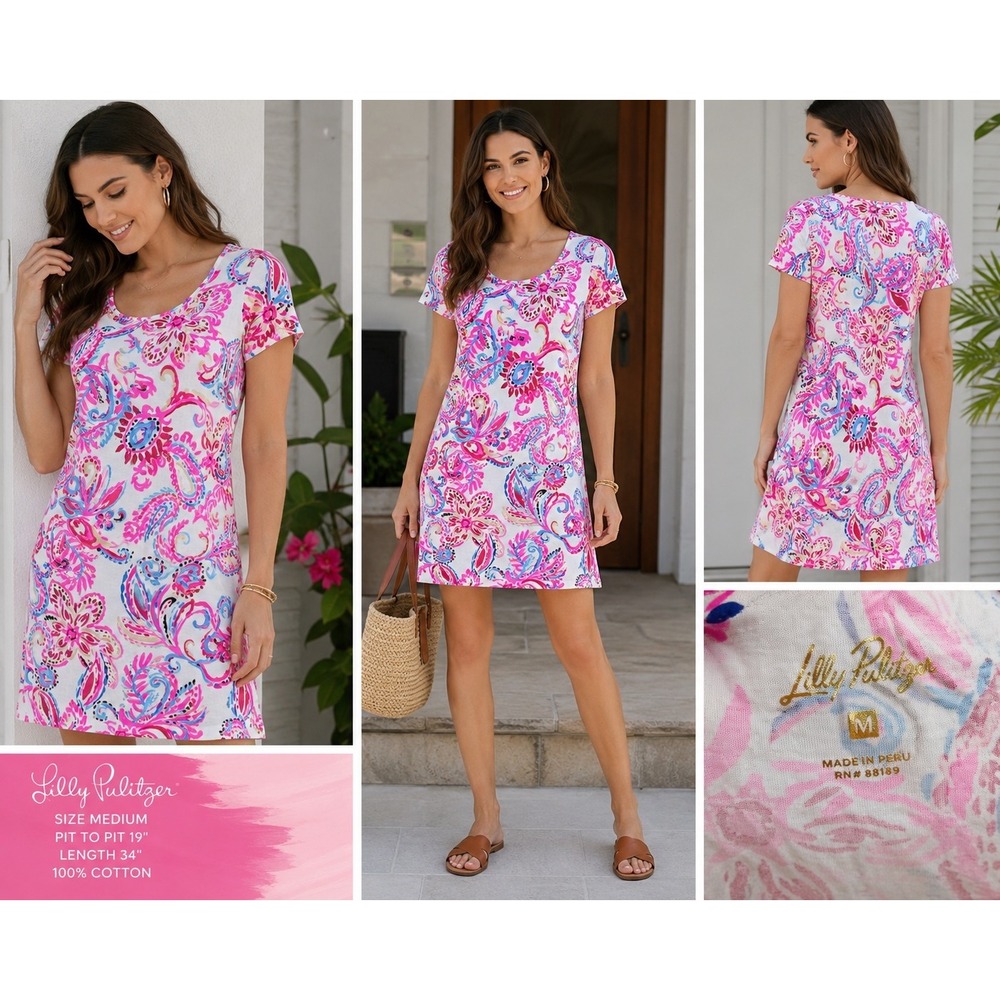 Lilly Pulitzer Pink Blue Paisley Cotton T-Shirt Dress Short Sleeve Mini Medium